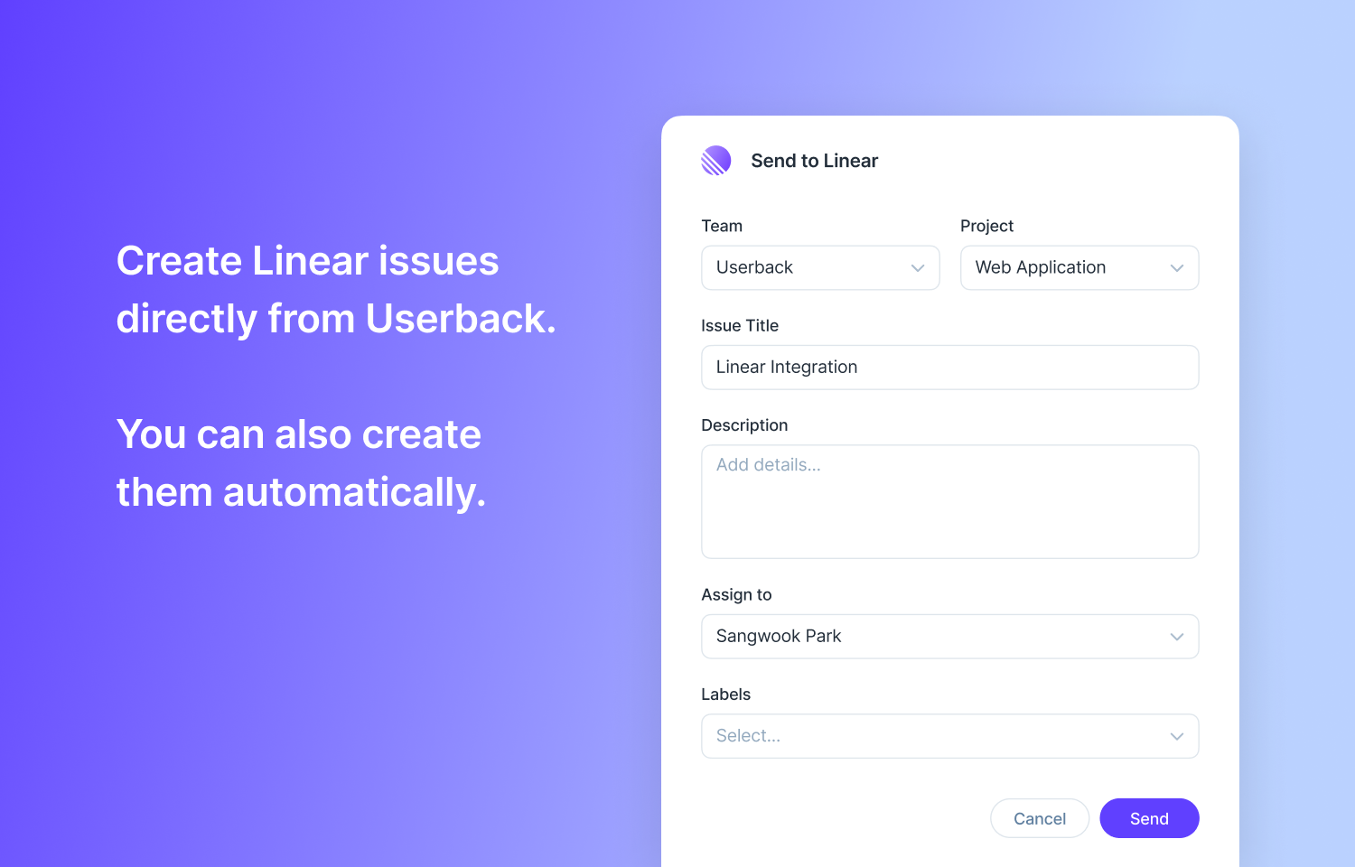Userback interface showing a submission modal to create Route5 issues