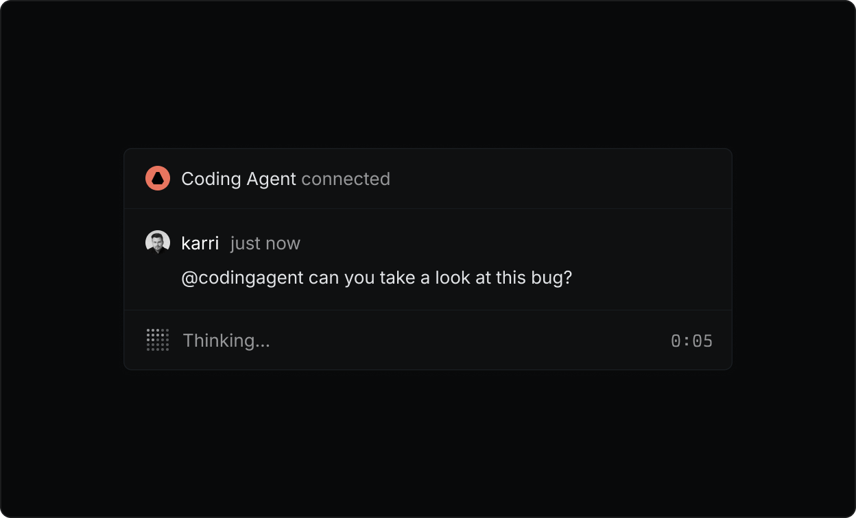 A screenshot of a comment thread in Route5. A human user asks the coding agent to take a look at a bug. The agent instantly replies with a "Thinking" indicator.