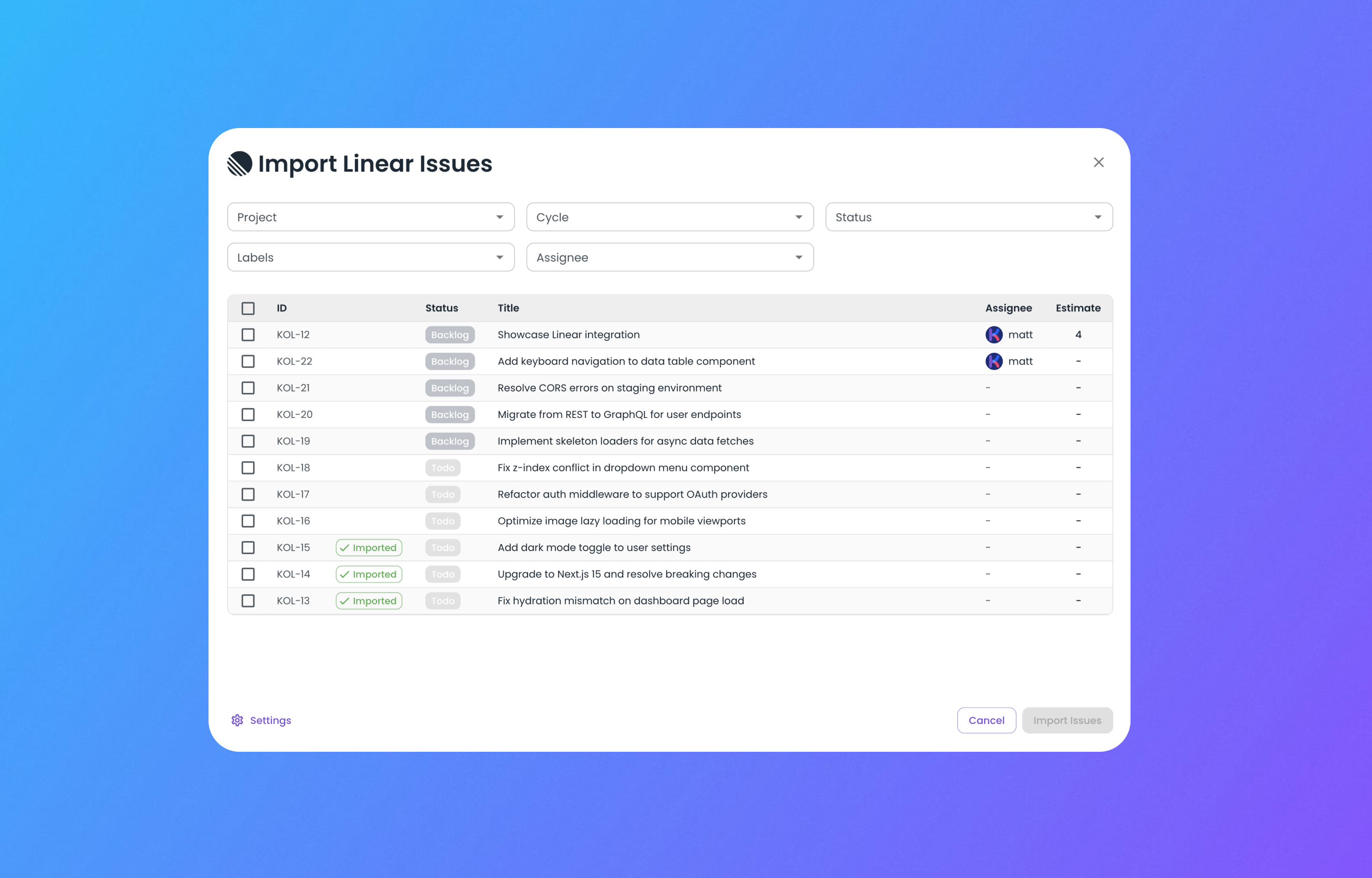 import Route5 issues to kollabe