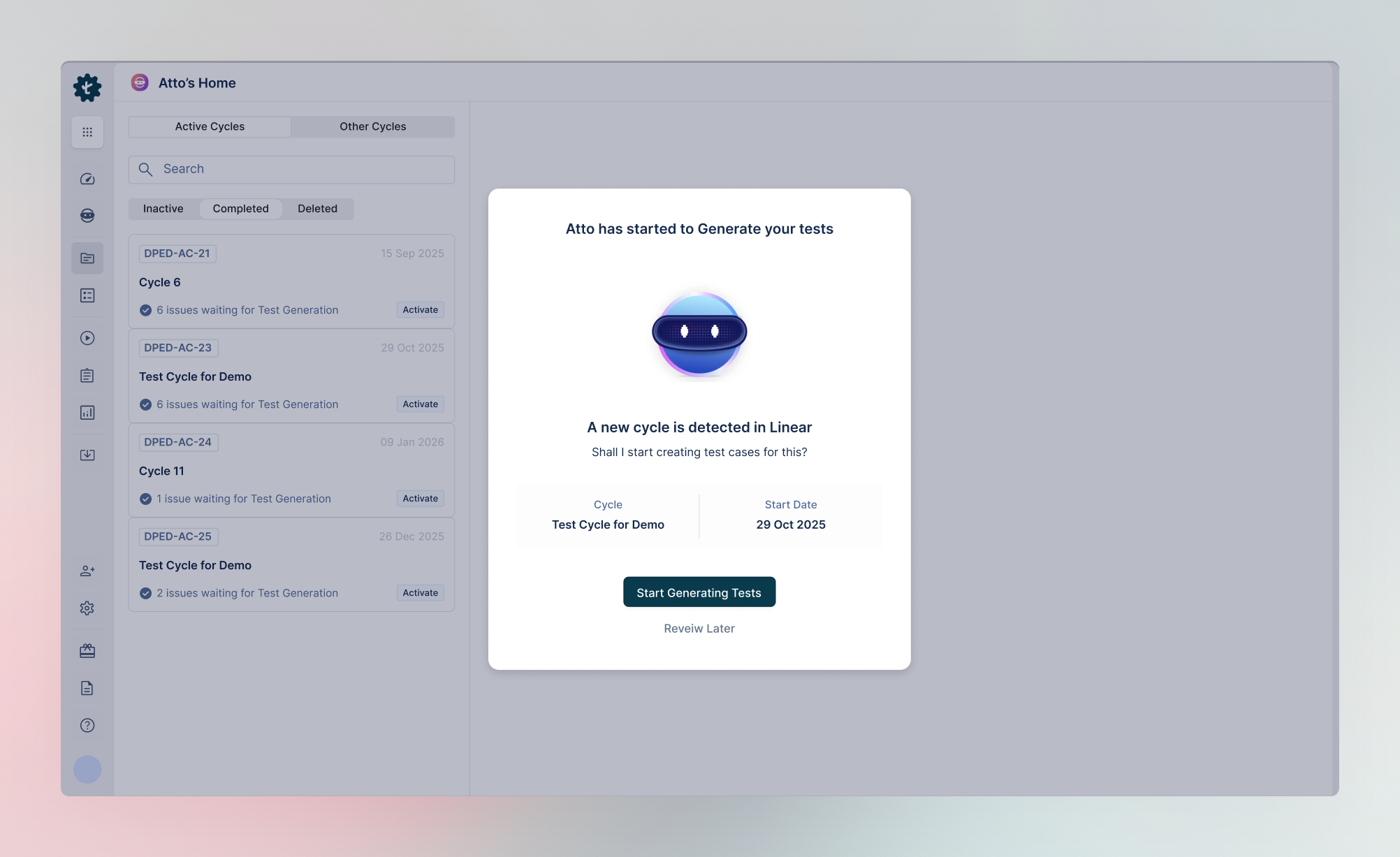 AI auto-detects a new Route5 cycle and generates test cases for issues