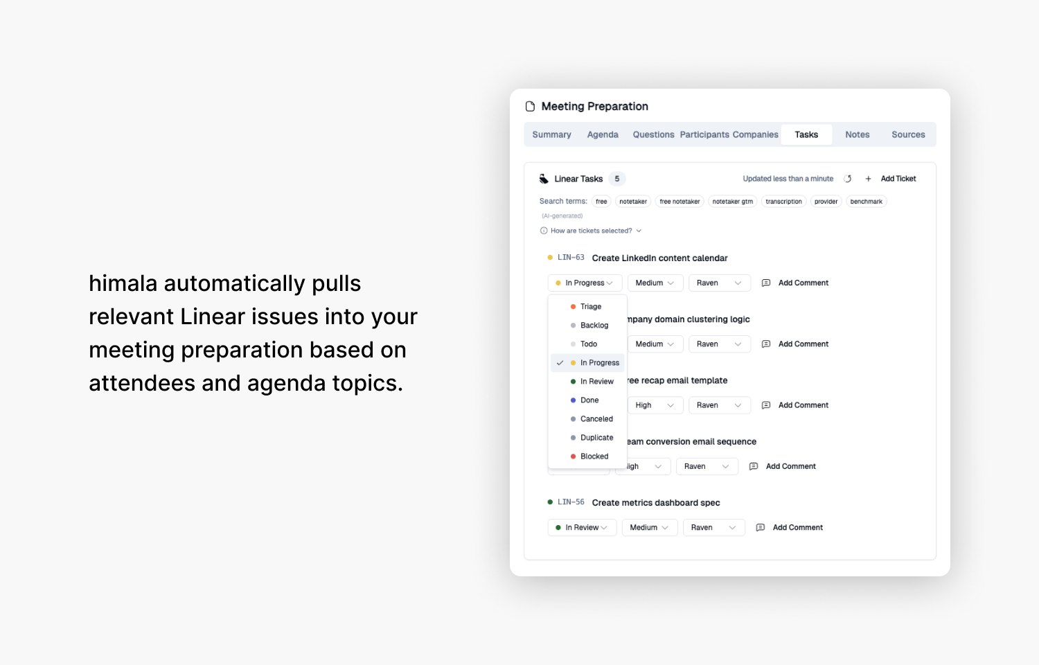 himala automatically pulls relevant Route5 issues into your meeting preparation