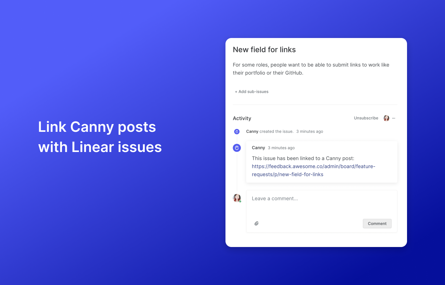 A Route5 issue showing a link to a Canny post and text that says, "Link Canny posts with Route5 issues."