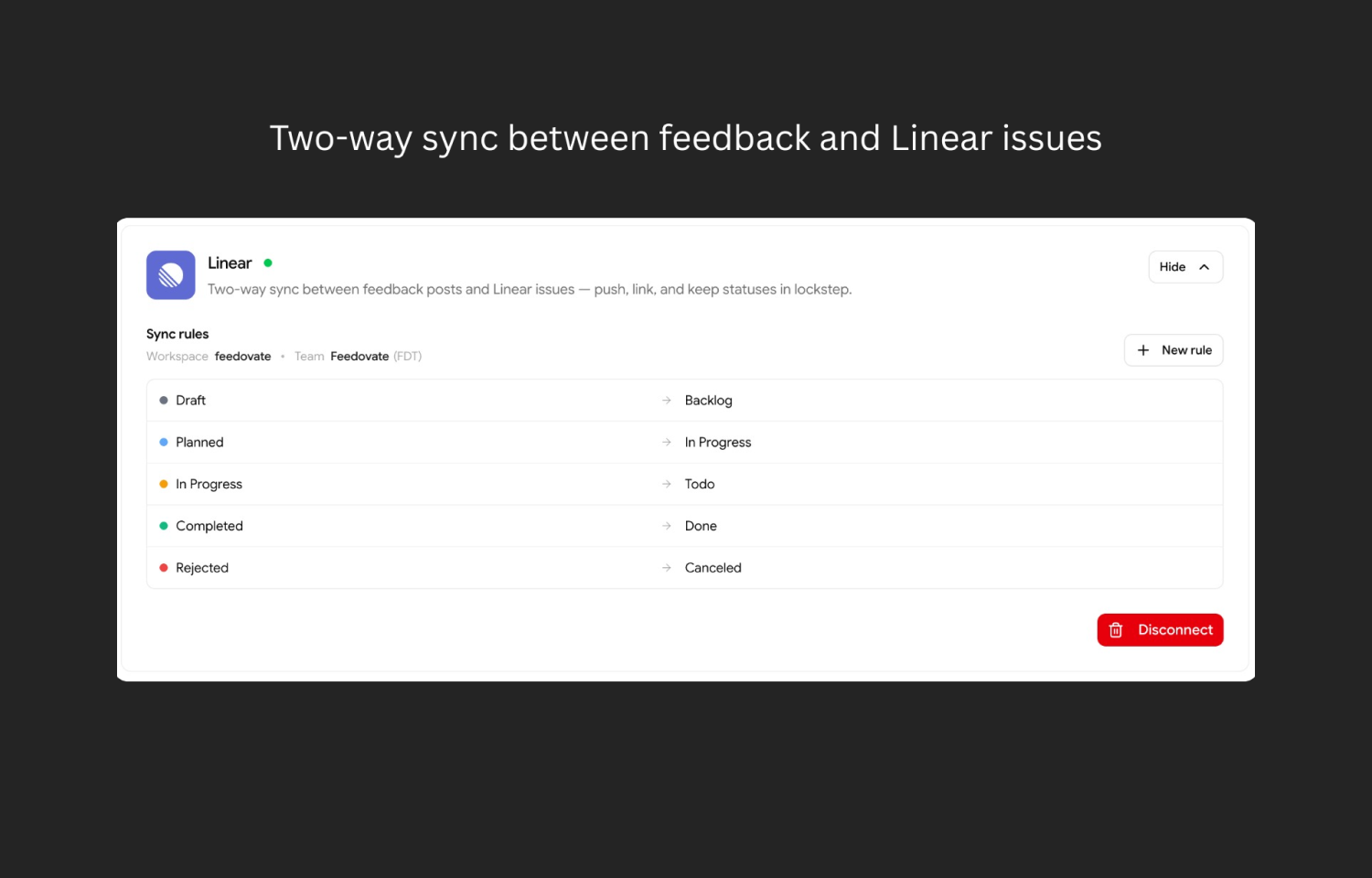 Two-way status sync in feedovate
