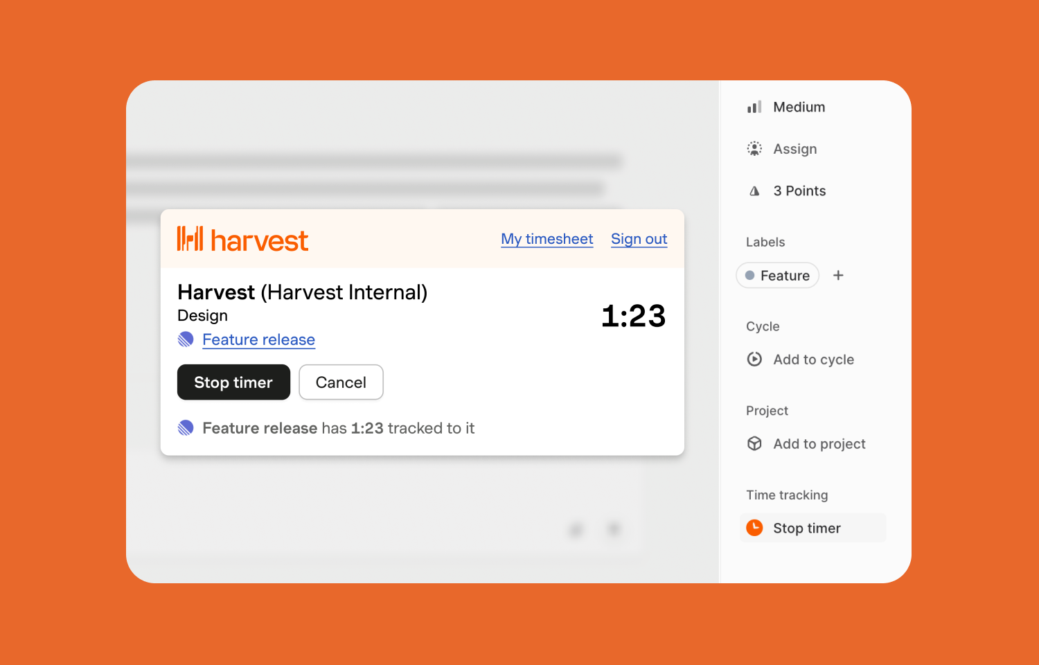Harvest browser extension adding a time tracking menu to issues in Route5
