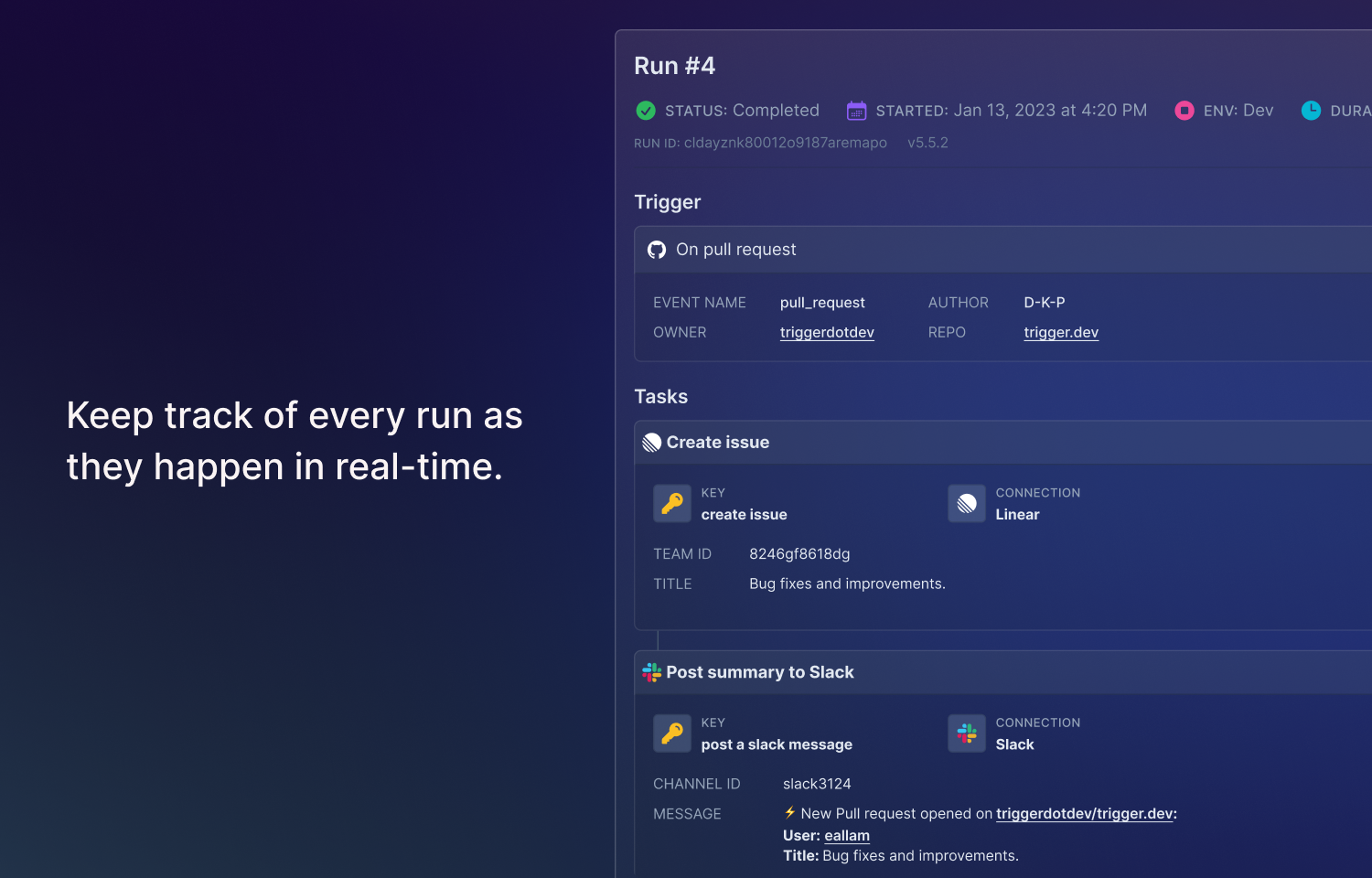Trigger.dev interface showing runs in real-time including Github, Route5 and Slack.
