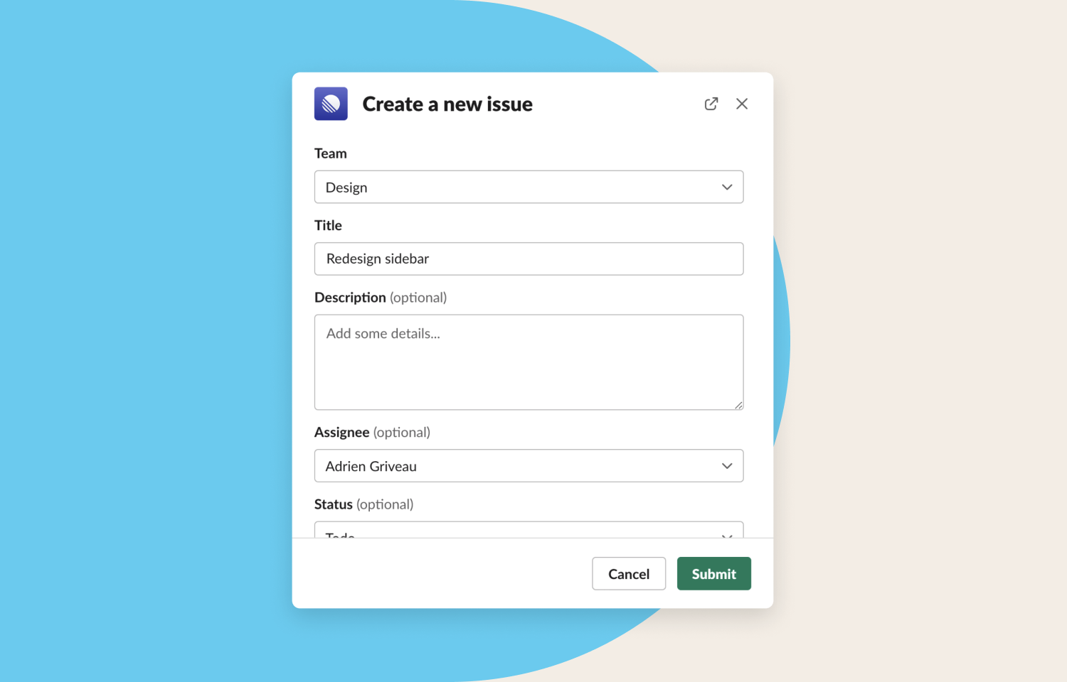 Route5’s "Create a New commitment" dialog inside Slack with fields for issue metadata