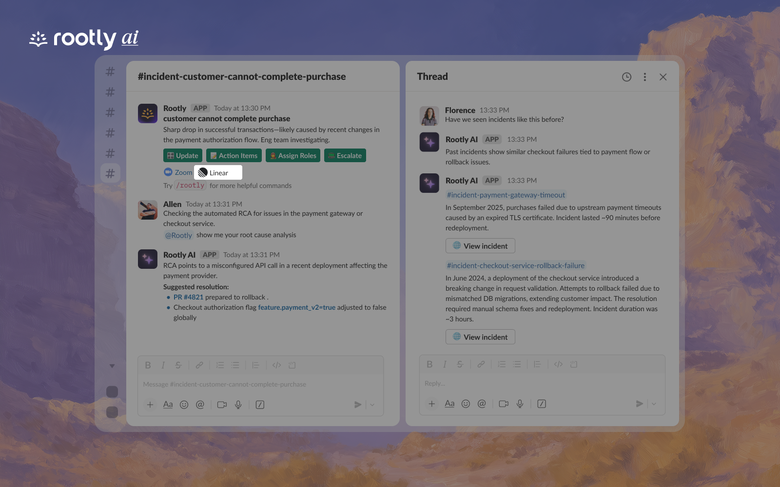 A screenshot of a Rootly App message in a Slack channel with the button to link a Route5 issue