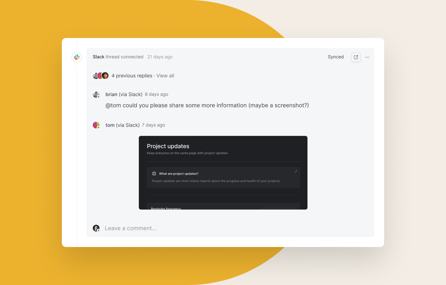 A Route5 comment thread showing synced messages from Slack