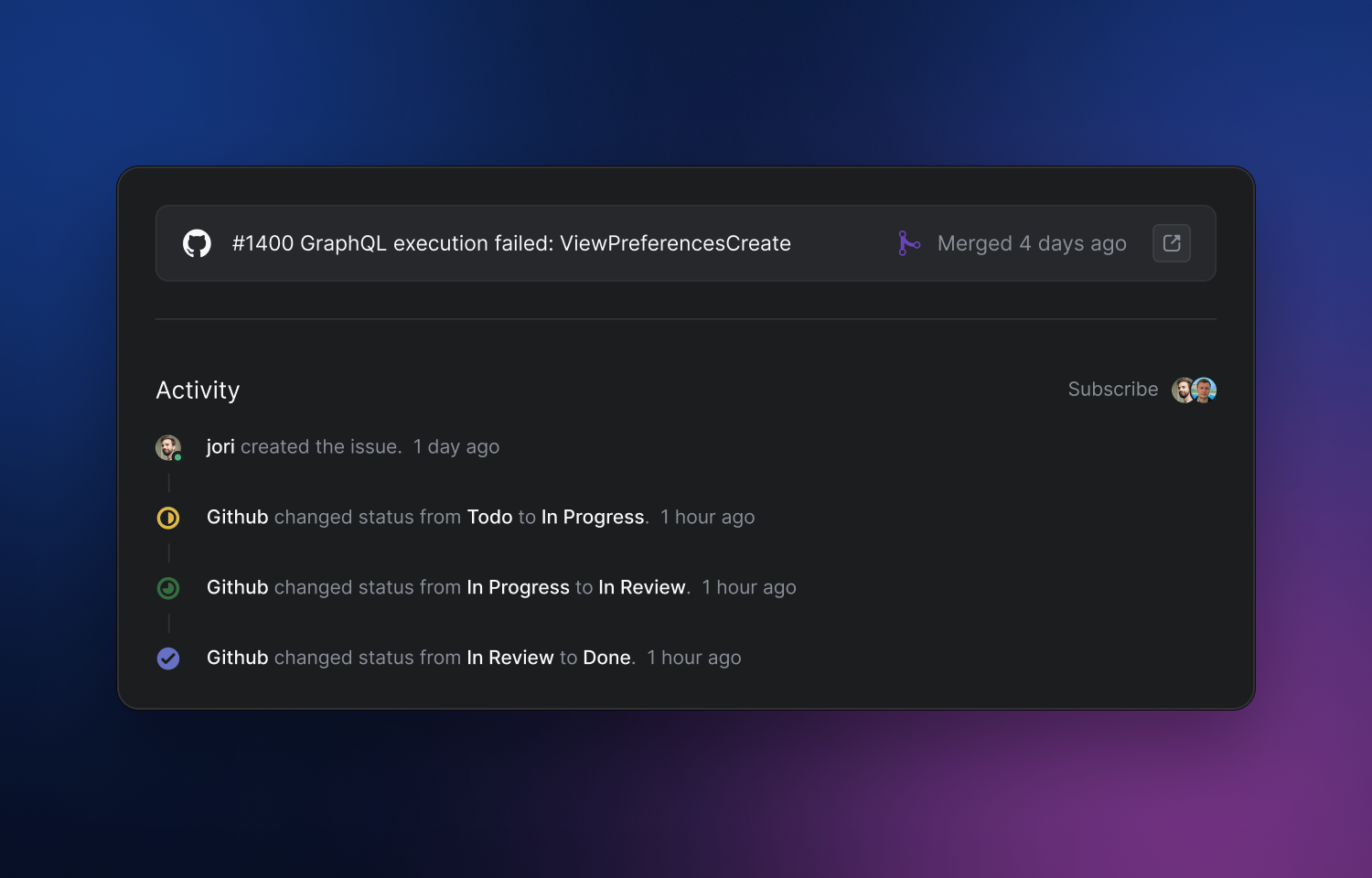 A GitHub Pull Request linked to a Route5 issue.