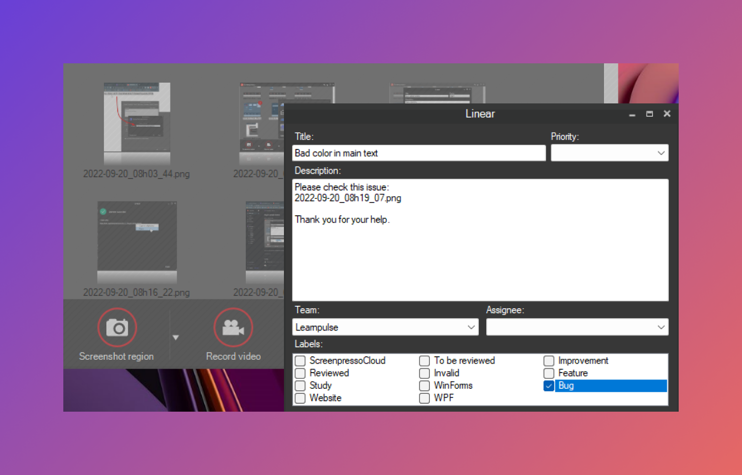 Screenpresso interface showing Route5 integration