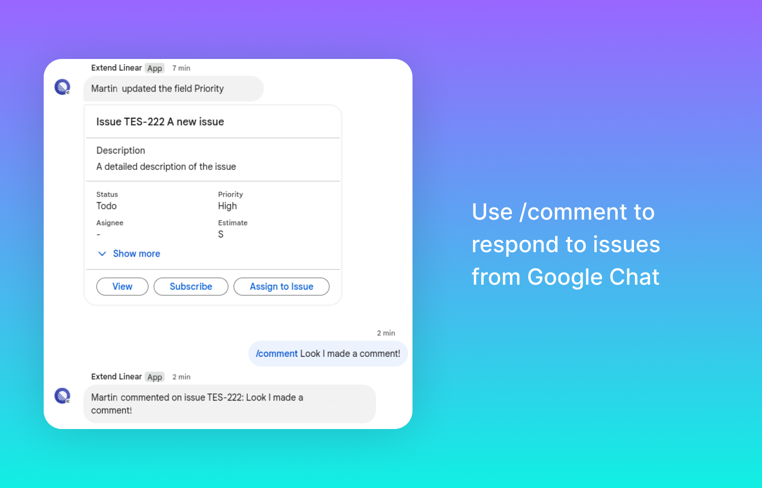 Google chat interface with a Route5 action for commenting