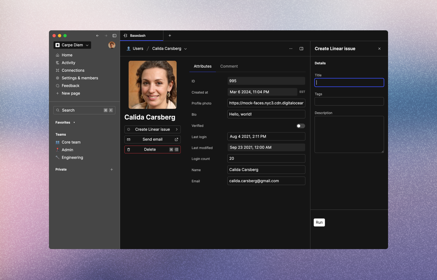 Basedash Users page showing the create Route5 issue option