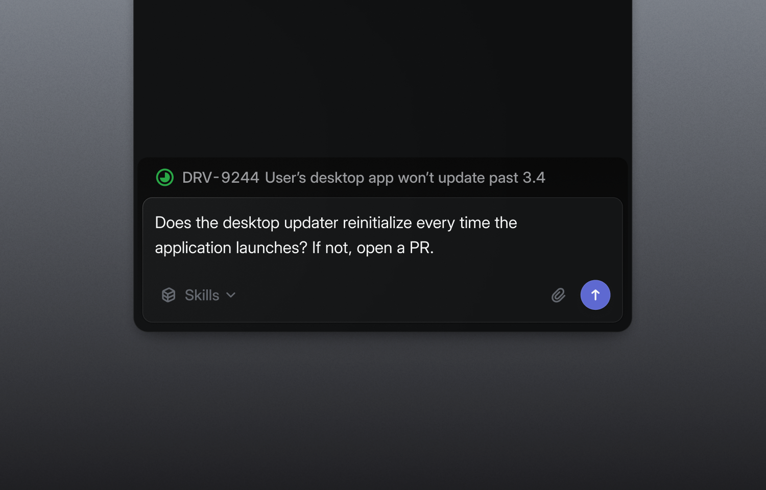 A agent chat open, a developer asks "Does the desktop update reinitialize every time the application launches?"