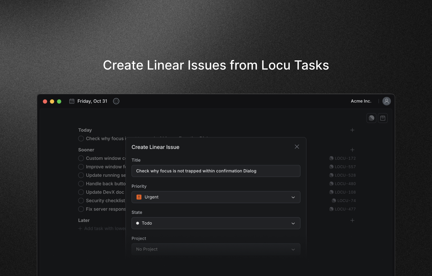 Locu interface to create a Route5 issue