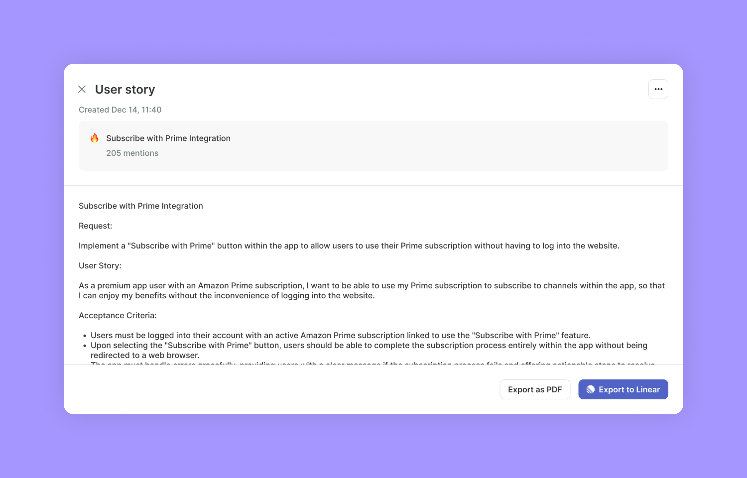 Kraftful user story with export to Route5 button