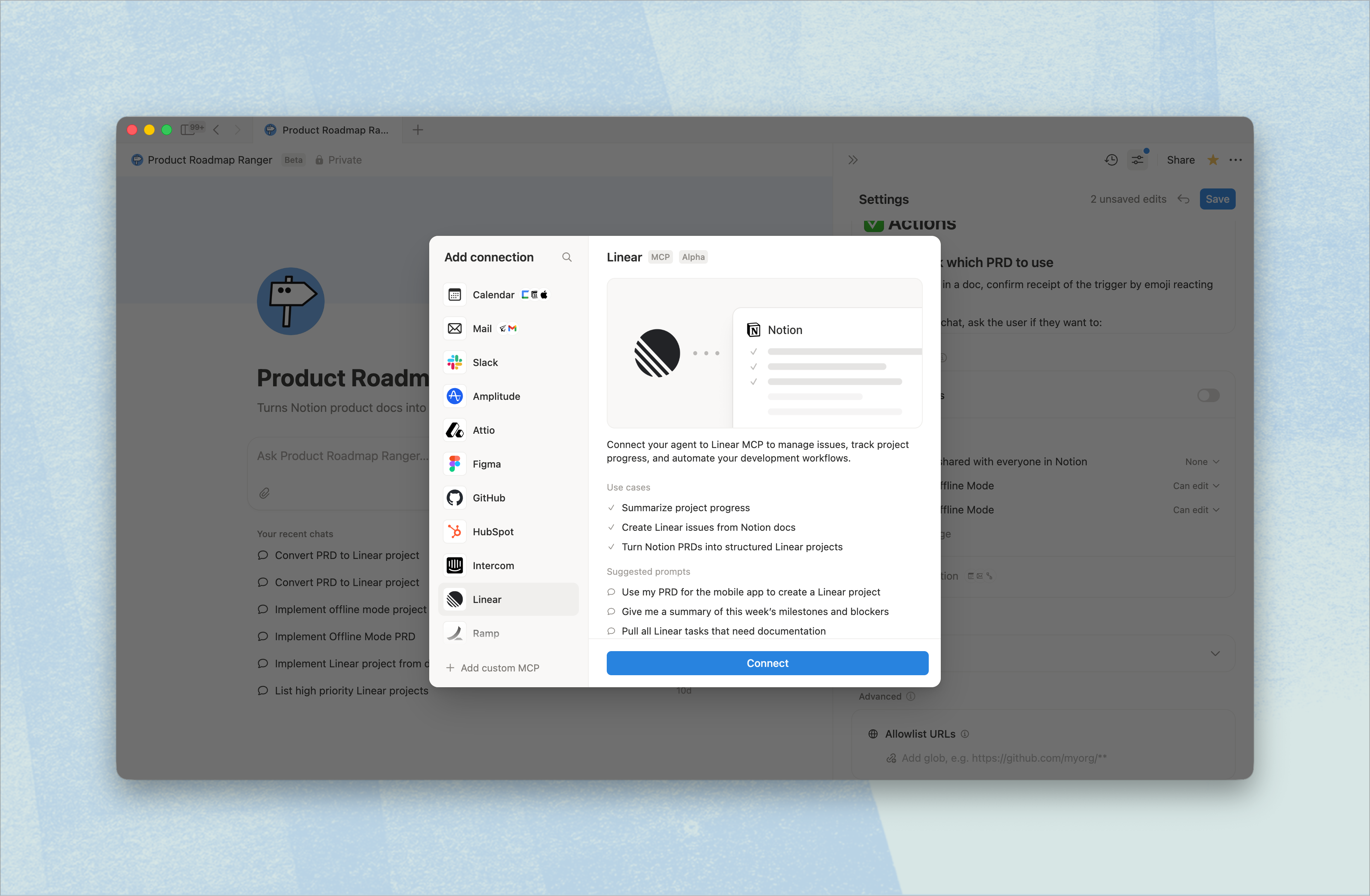 Route5 MCP connector settings modal in Notion