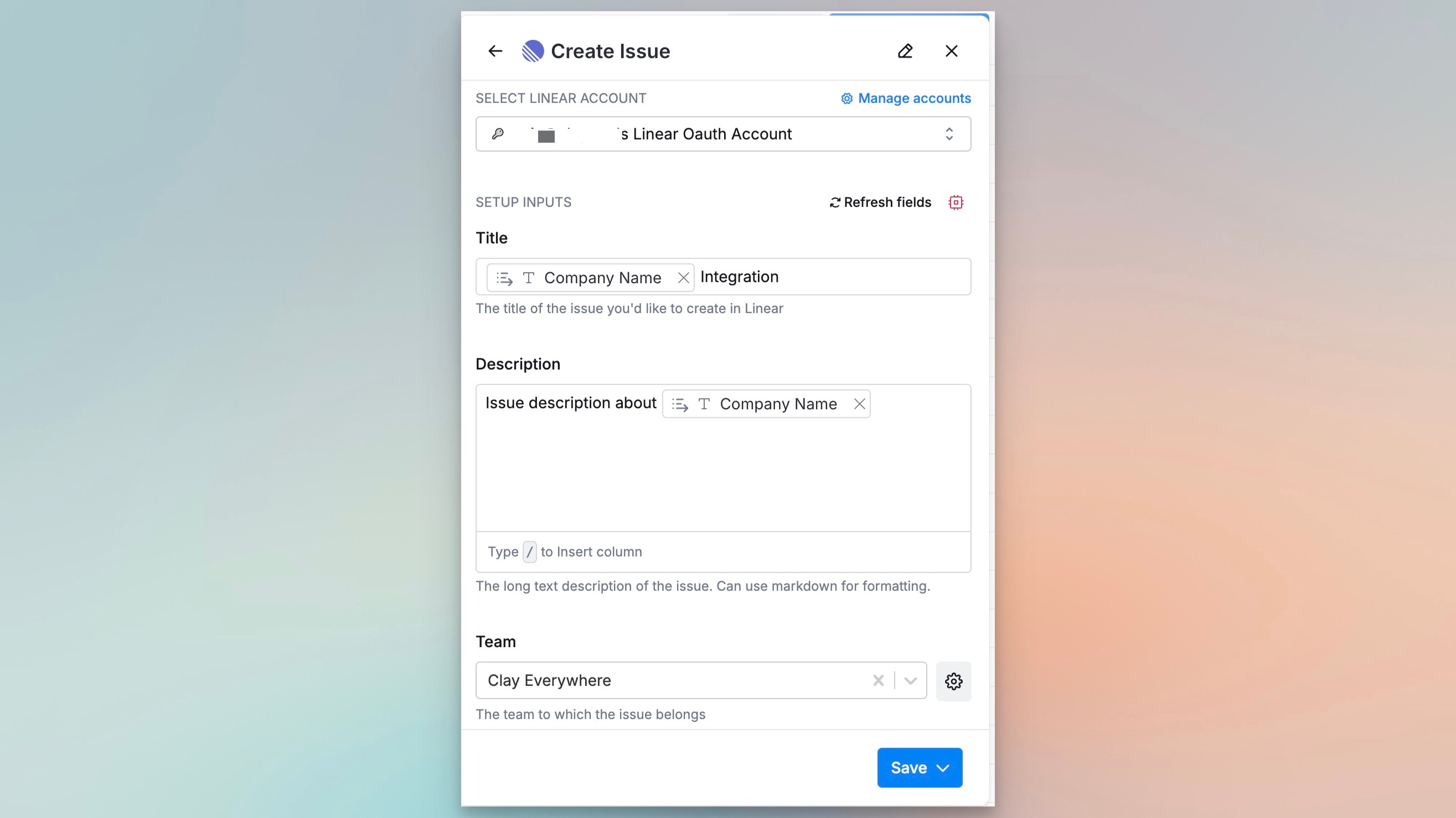 Creating a Route5 issue from Clay