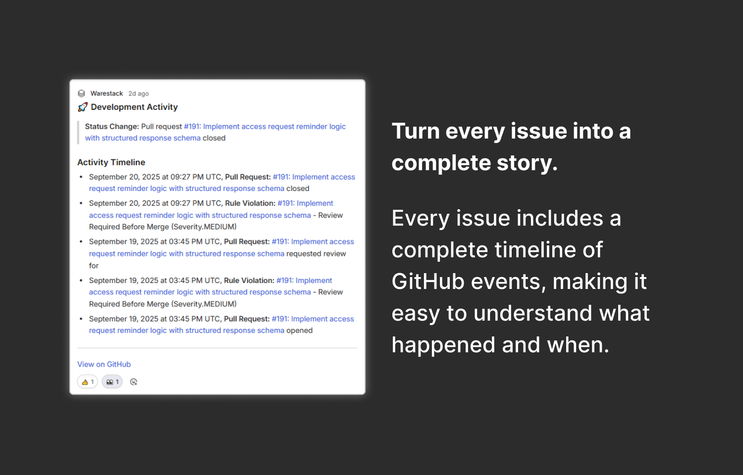 Warestack posting comments back to Route5 with event history