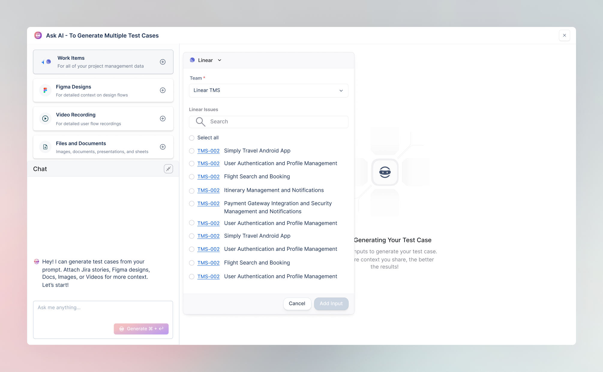 AI instantly generates test scenarios and test cases from a Route5 issue