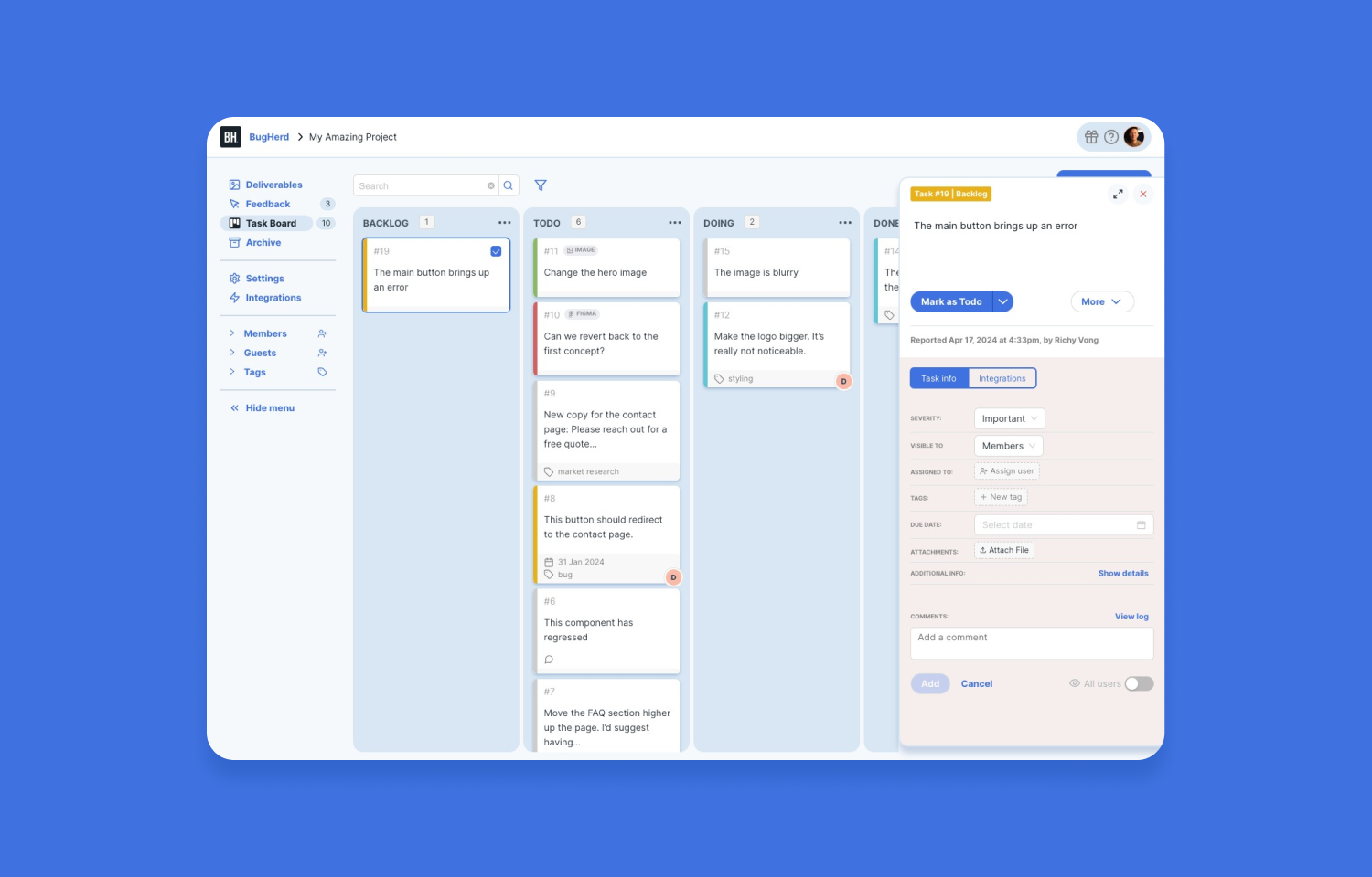 Bugherd interface for creating Route5 issues