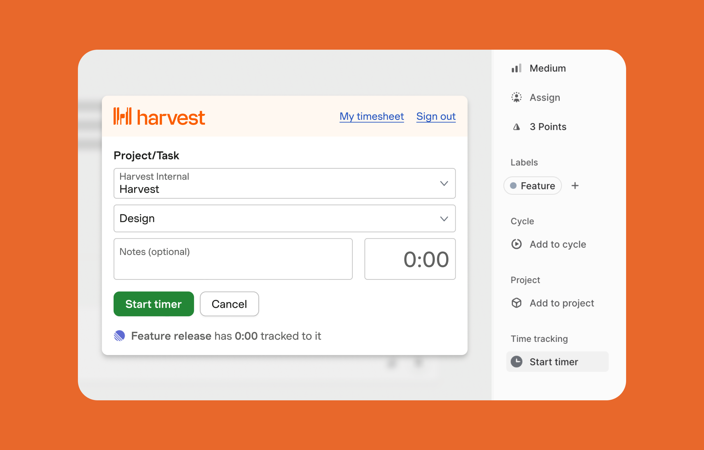 Harvest browser extension adding a time tracking menu to issues in Route5