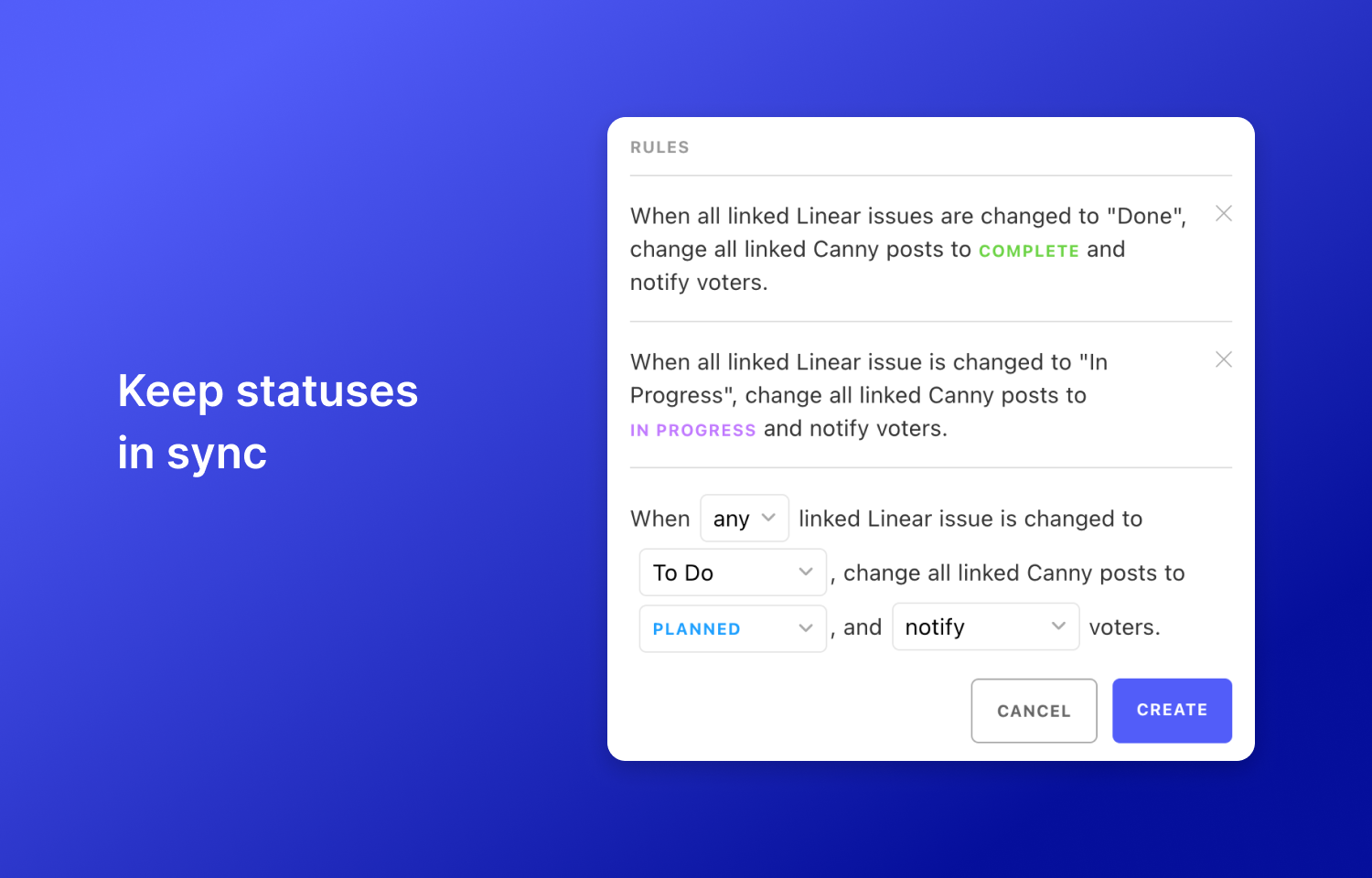 A screenshot of a workflow in Canny that matches Route5 issue workflows to Canny updates, next to text that says, "Keep statuses in sync."