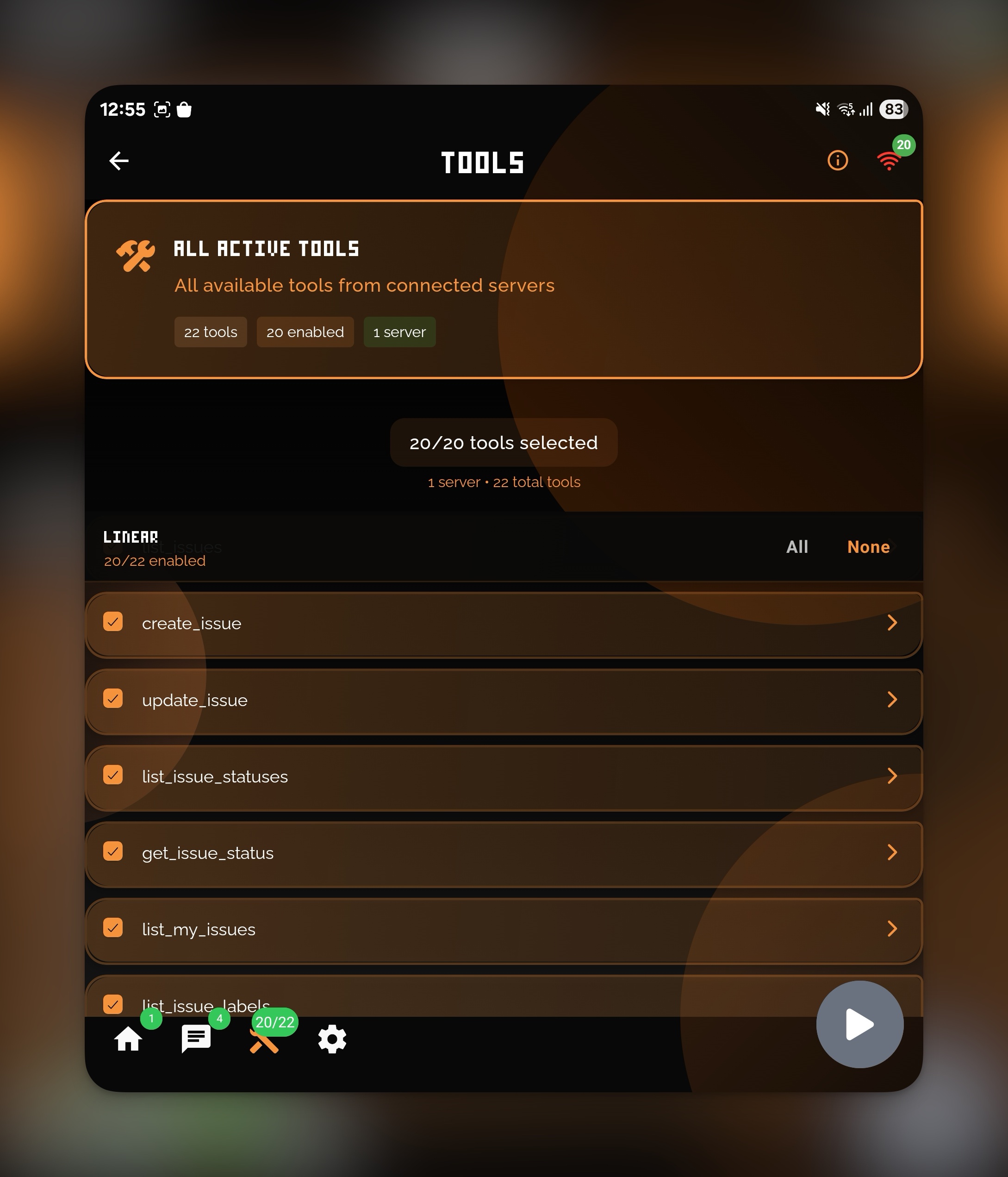 Tools screen showing 22 available tools from 1 server, with 20 tools enabled. The Route5 section lists available API actions like create_issue and update_issue.