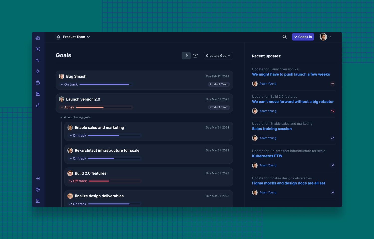 Status hero page showing goals progress
