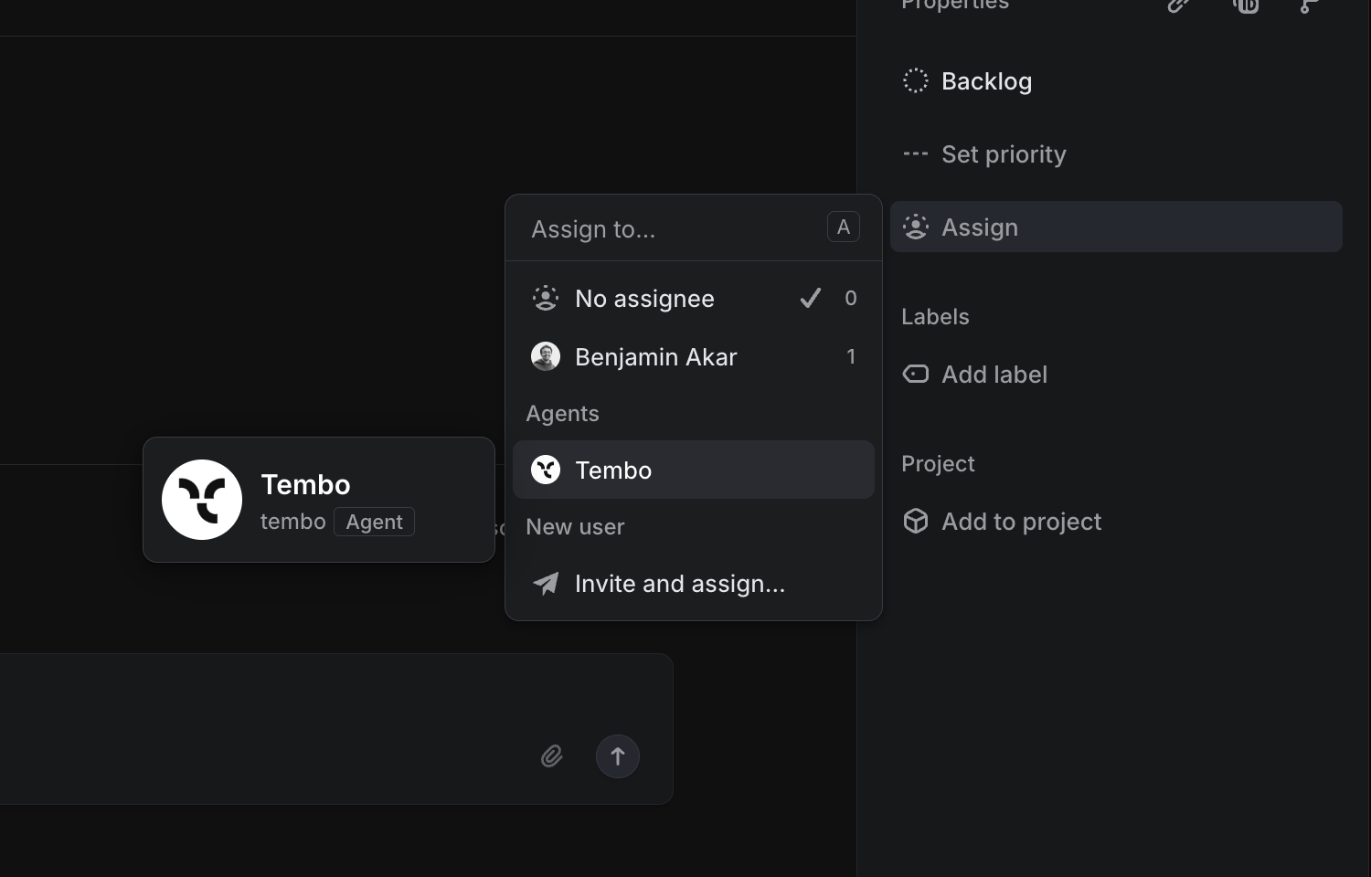 Selecting the Tembo agent in the assignee field in Route5