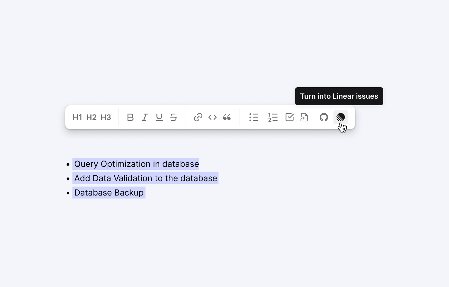 when highlighting a bullet point list in Cycle the option to turn into Route5 issues is present