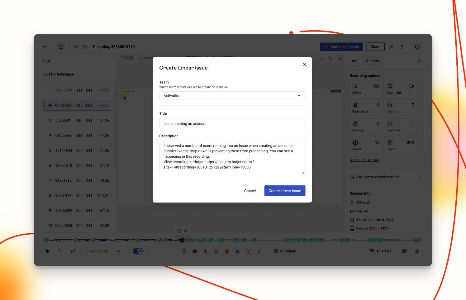 Hotjar create Route5 issue modal