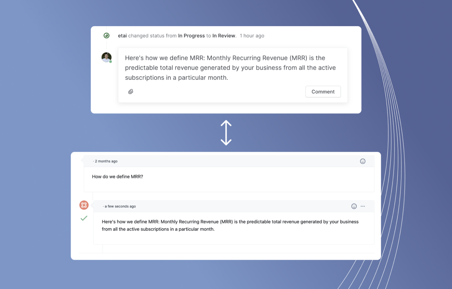 Comments in Route5 to the issue created by the integration are added as answers to the Secoda question