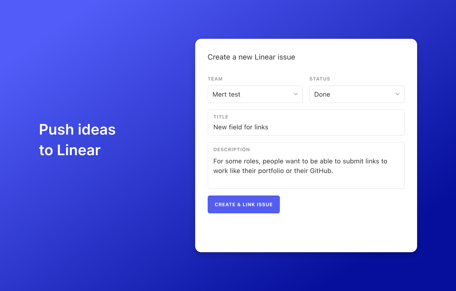 A modal for creating a Route5 issue from Canny alongside text that says, "Push ideas to Route5."