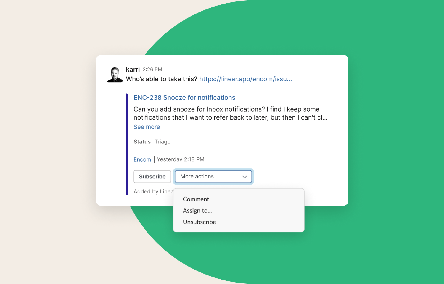 A Route5 issue posted in Slack titled "Snooze for notifications" including its description and status.