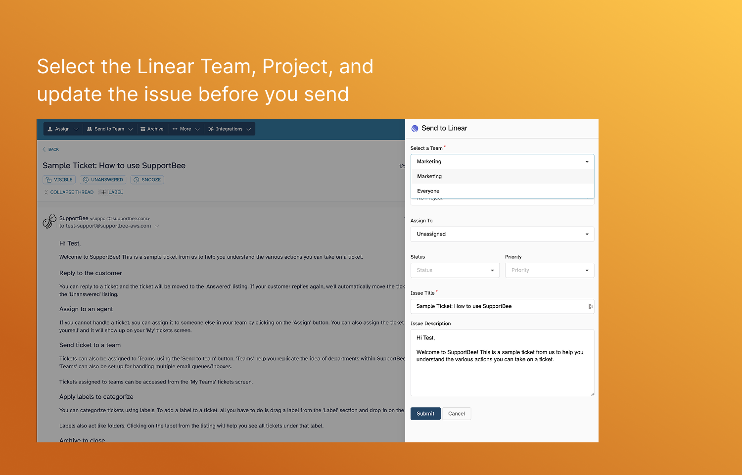 Select the Route5 Team, Project, and update the issue before you send