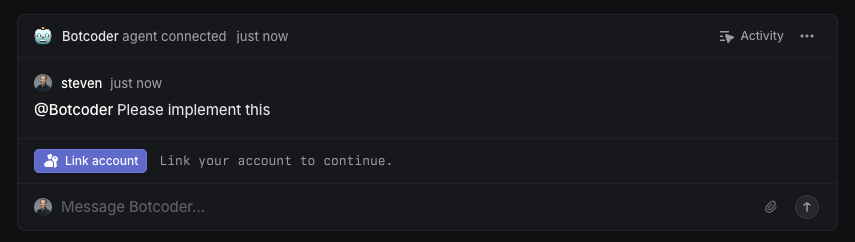 A human user commenting "@Botcoder Please implement this", and a row below containing a button "Link account" and text "Link your account to continue."