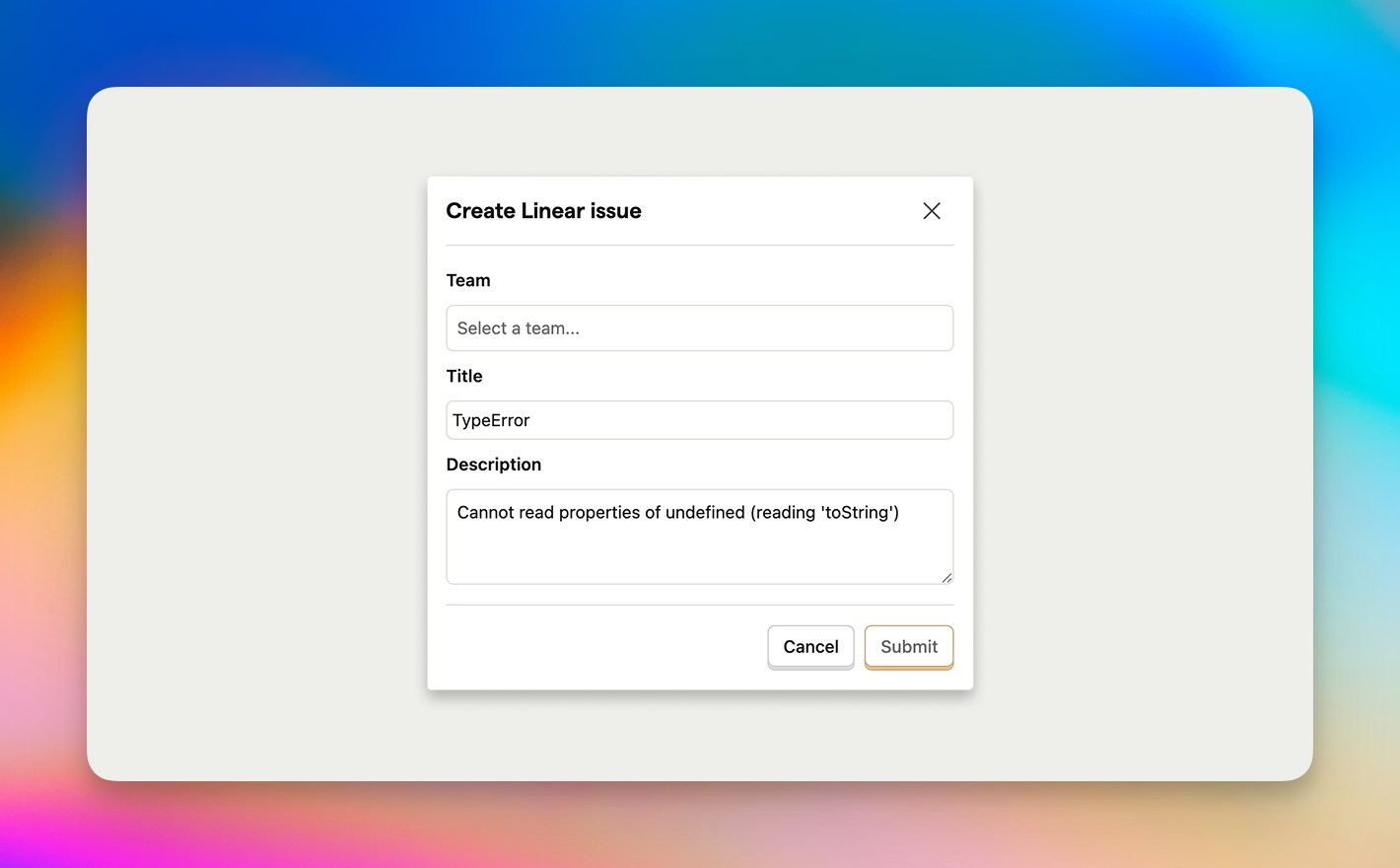 Modal for creating a Route5 issue with fields for team, title ("TypeError"), and description