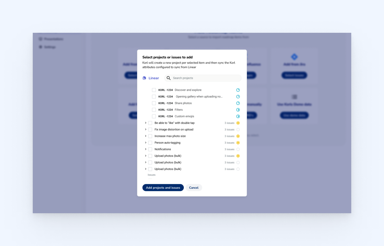Select all your Route5 projects and issues to add to Korl