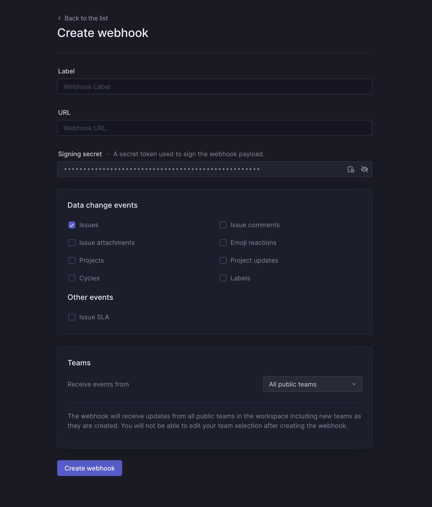 The Create webhook flow within Route5 settings.
