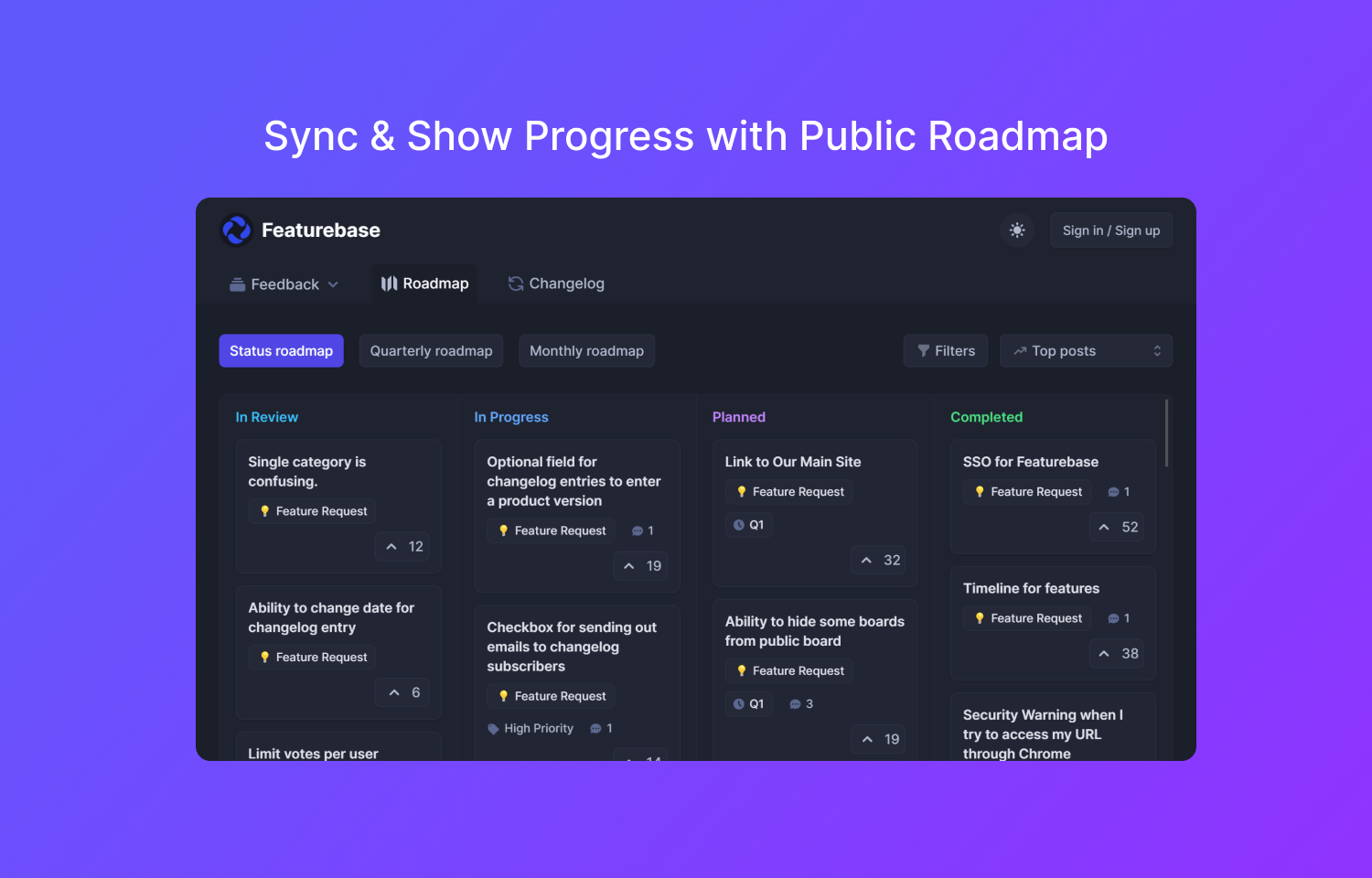 Featurebase public roadmap feature displaying Route5 issues