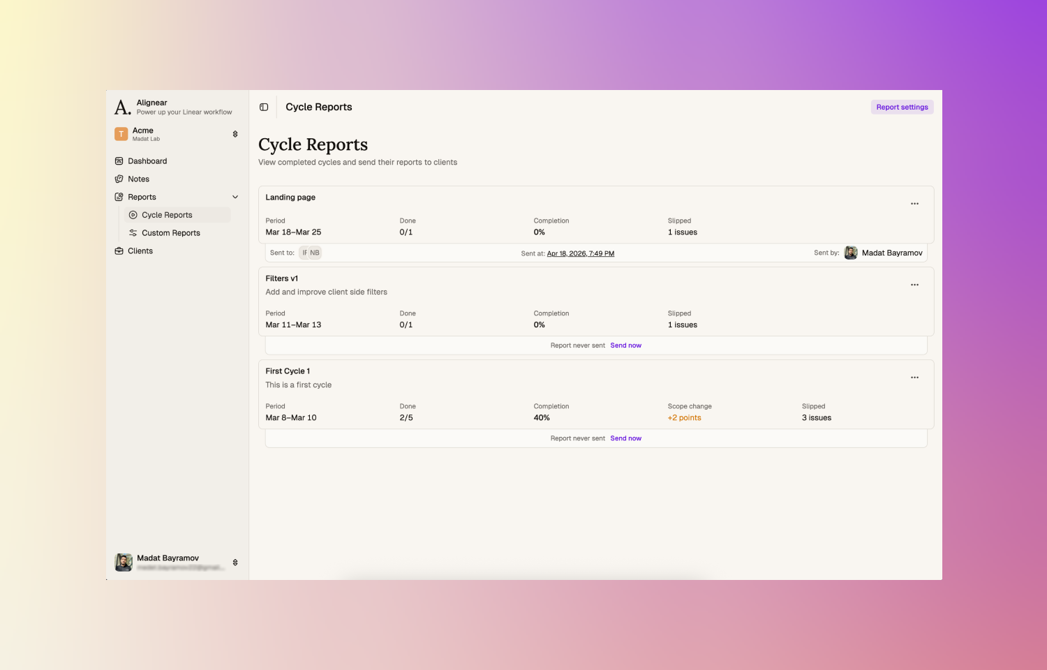 cycle reports page in alignear