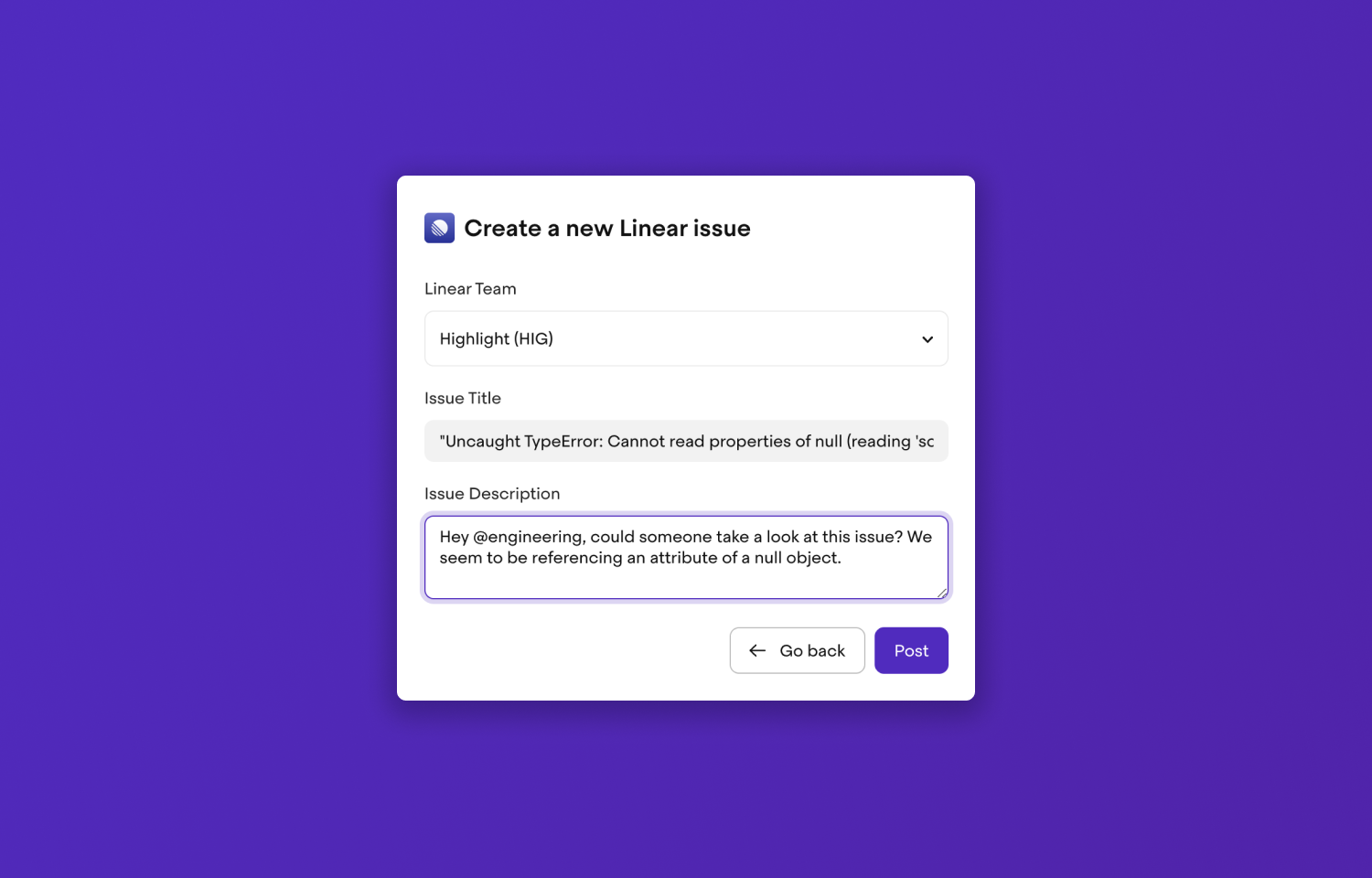 Highlight’s "Create a new Route5 issue" dialog with a title and description.