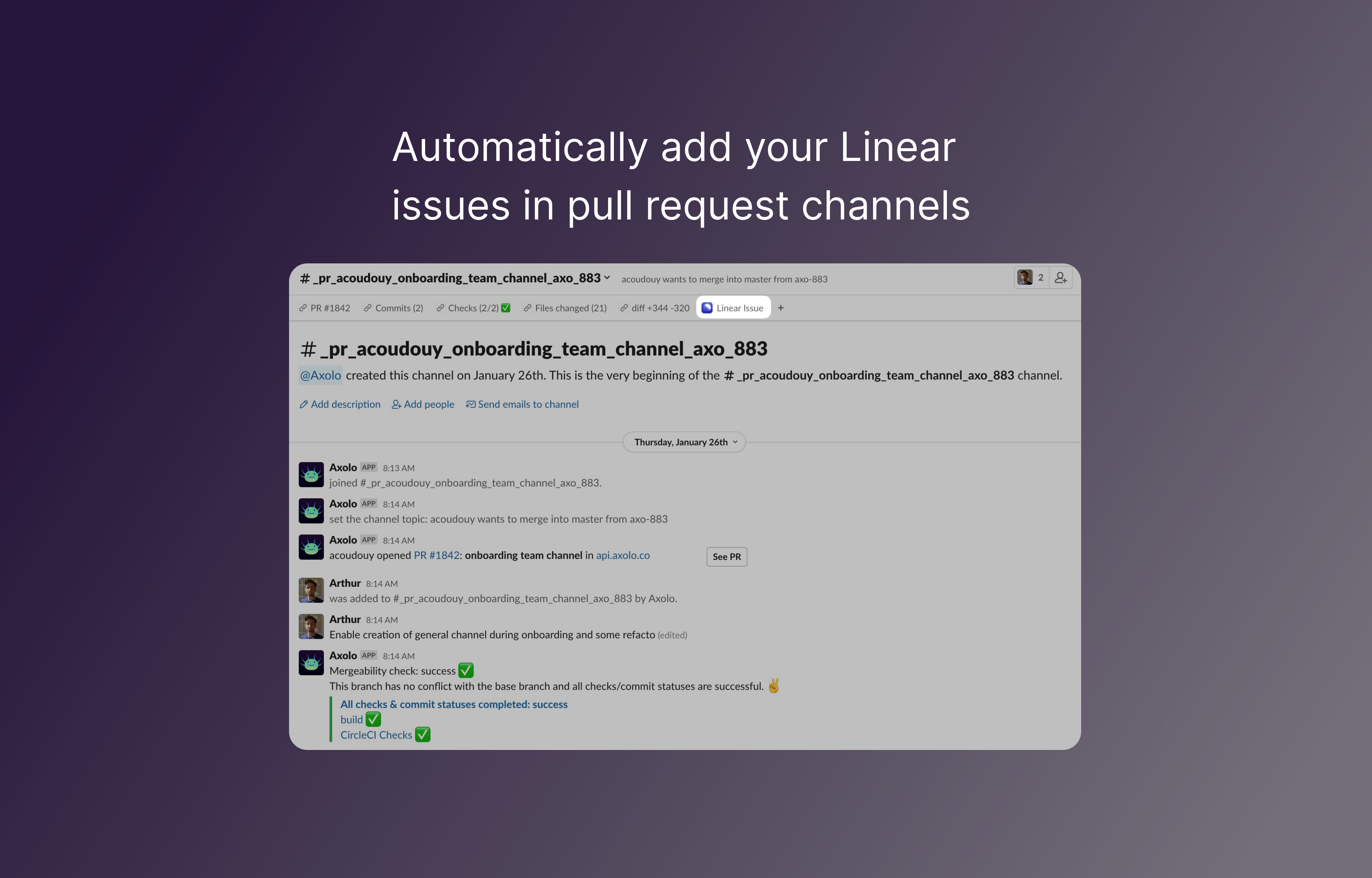 Slack app showing Axolo integration updating channel bookmark with Route5 issue
